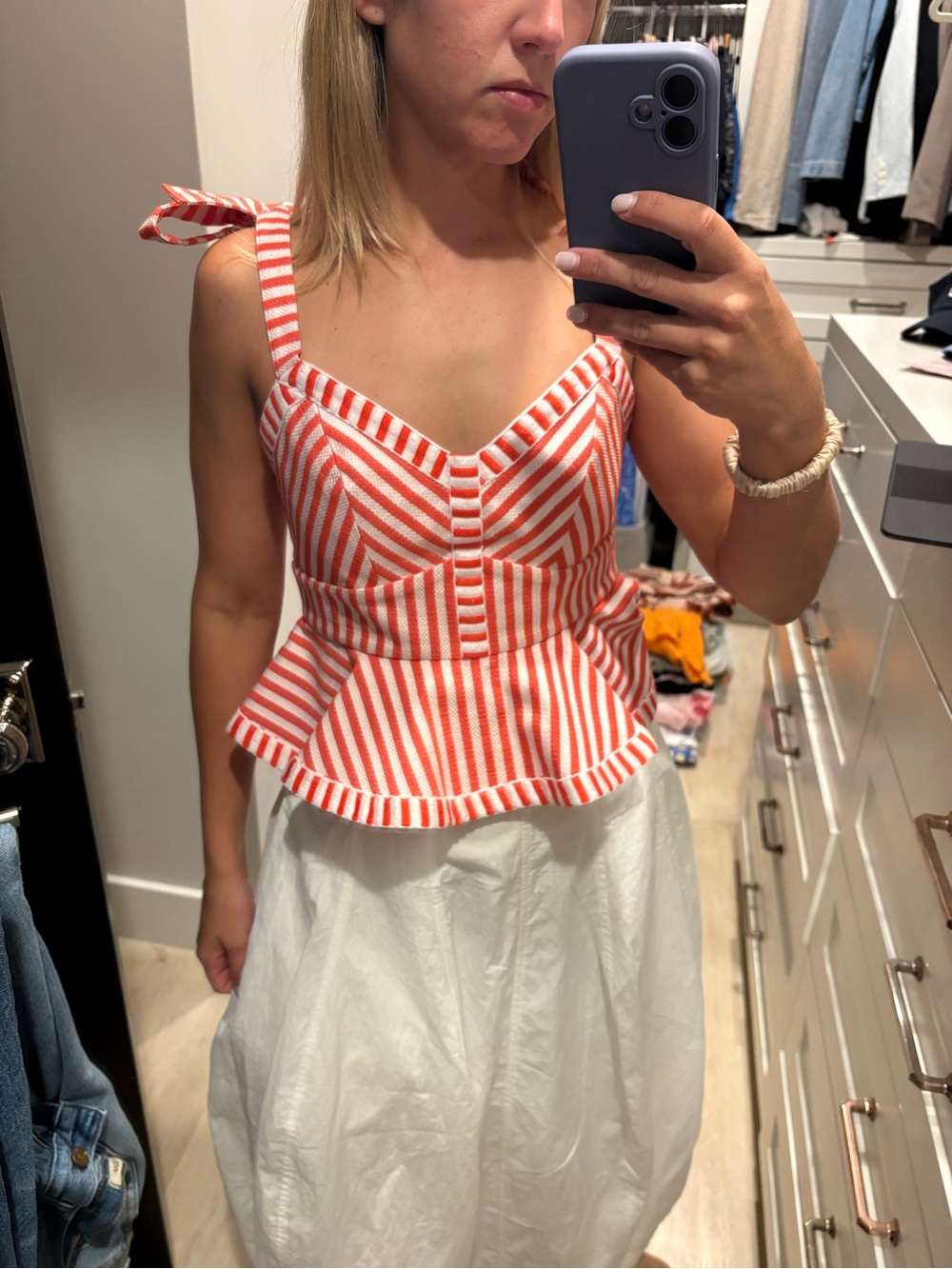 HUNTER BELL Coral and White Striped Tie-Shoulder Peplum Camisole